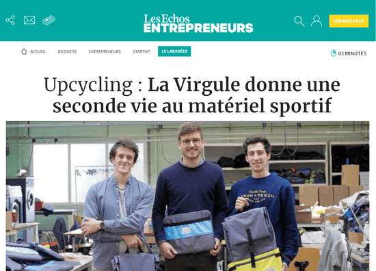 Article Les Echos Entrepreneurs : Upcycling - La Virgule donne une seconde vie au matériel sportif