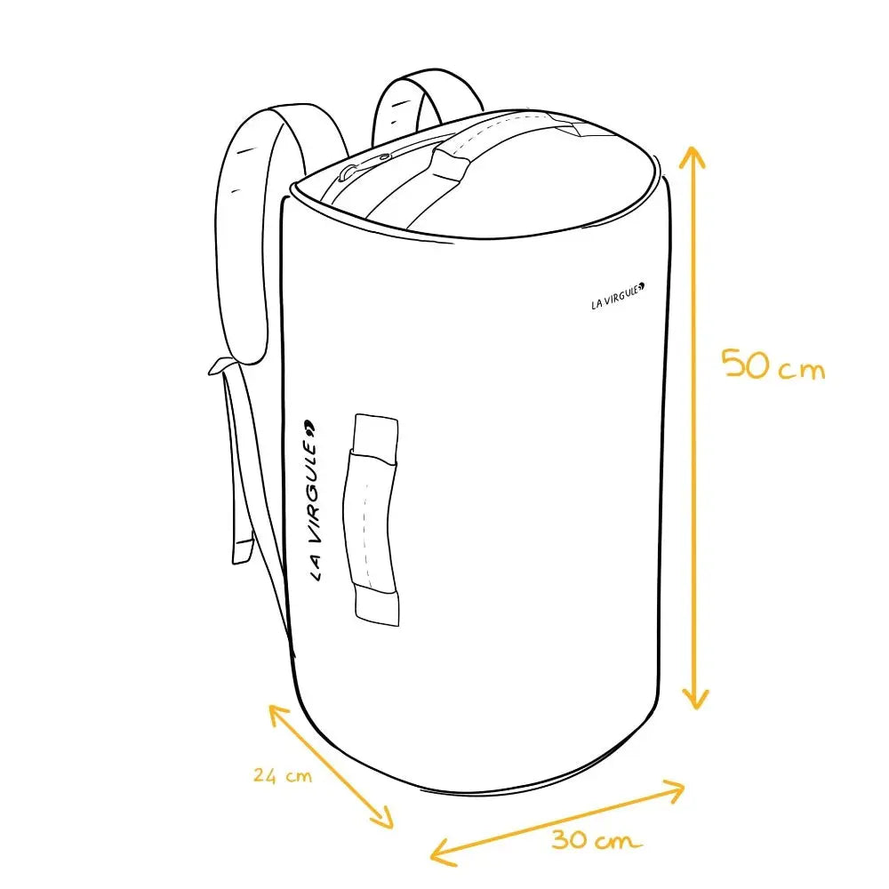 dessin des dimensions du sac de voyage Hors-Bord 35L rouge par La Virgule