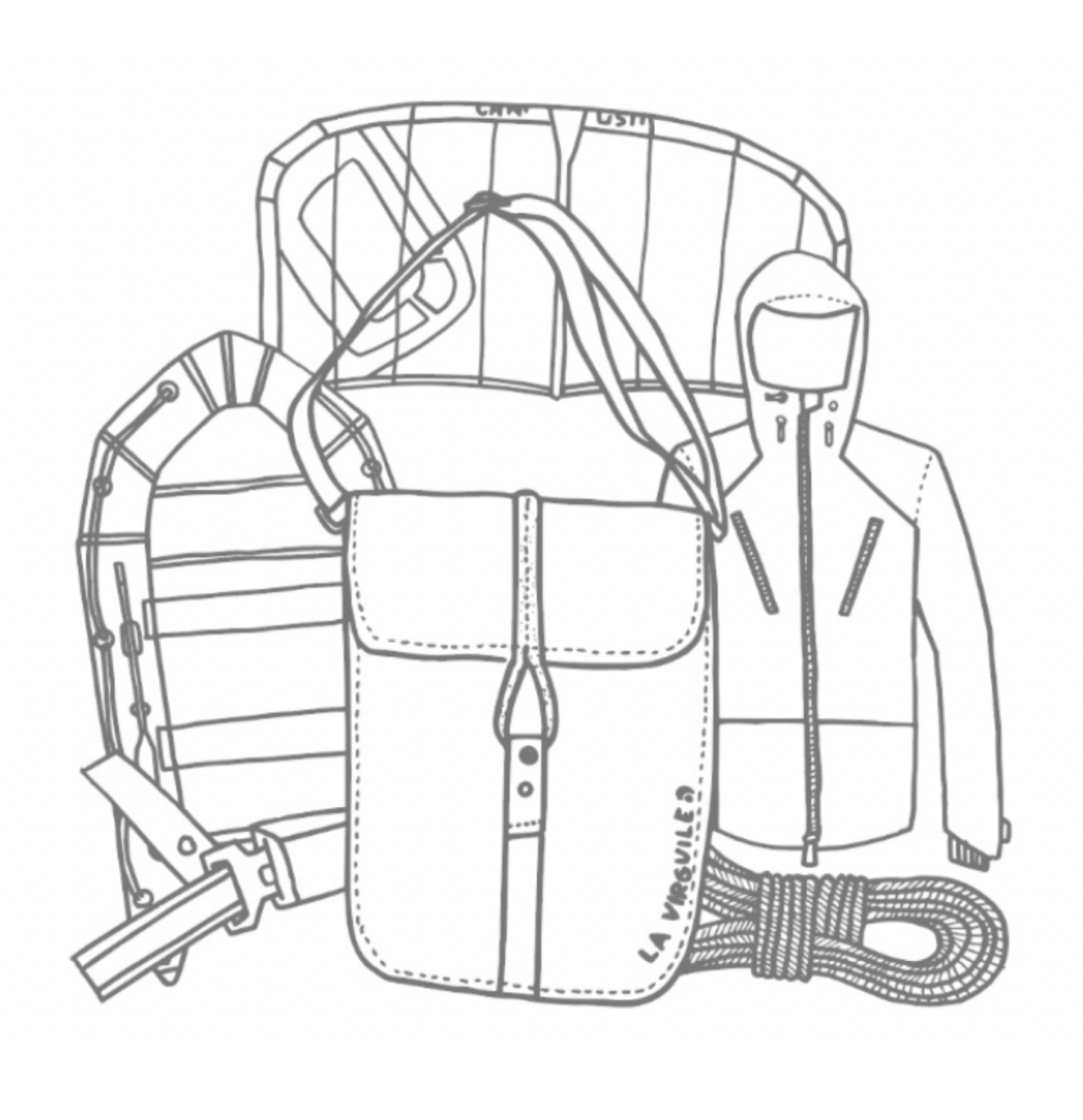 Dessin de la Sterne sacoche vélotaf 25L avec tous les matériaux upcyclés qui la composent