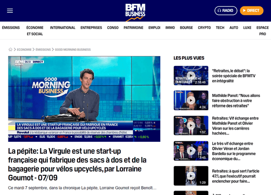 Passage dans l'émission Good Morning Business de BFM Business - La pépite : La Virgule est une start-up française qui fabrique des sacs à dos et de la bagagerie pour vélos upcyclés